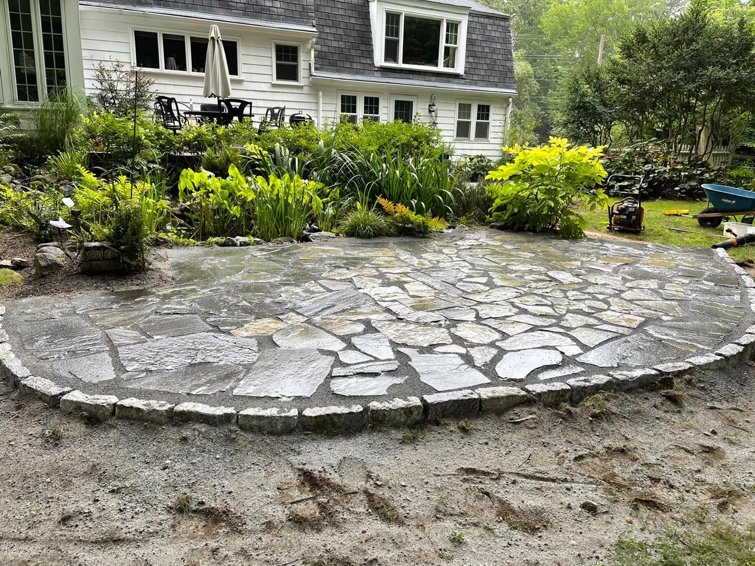 Flagstone patio build in progress